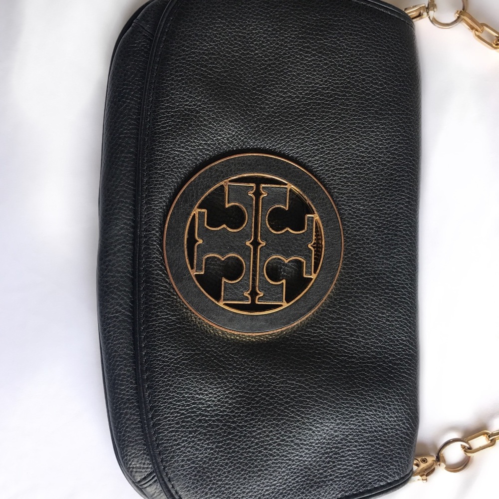 Tory Burch Black Leather & Gold Chain Clutch